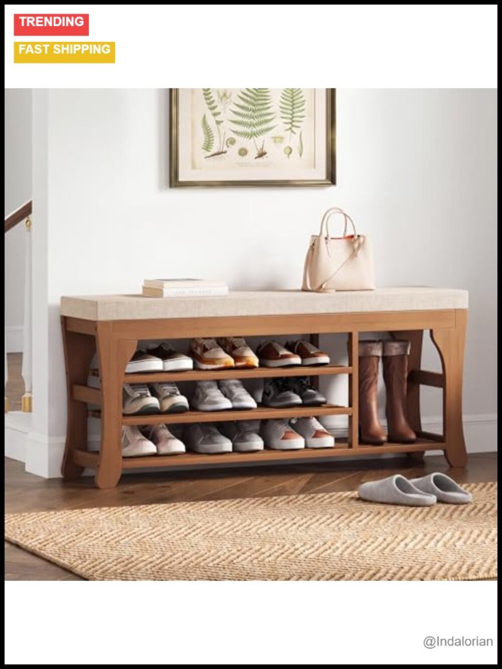Bamboo Shoe Storage Bench with Cushion 3-Tier Adjustable Shelf 400 LB